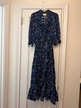 Mayle Blue Navy Floral Ruffle-Front Maxi Dress
